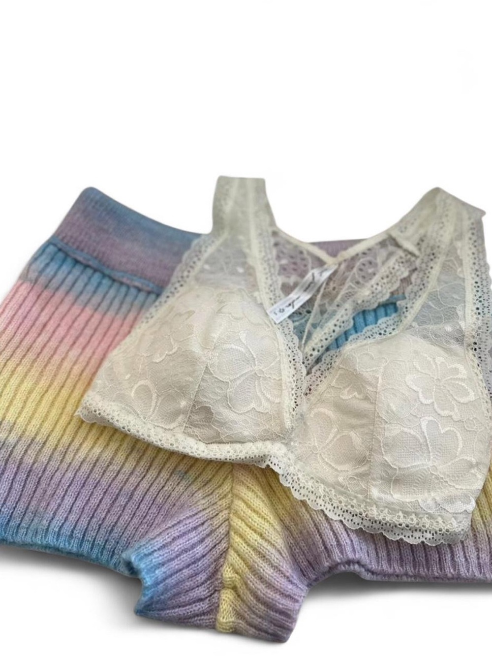 UO Bundle- Out From Under Rainbow Pastel Knit Shorts & Lace‎ Bralette Set